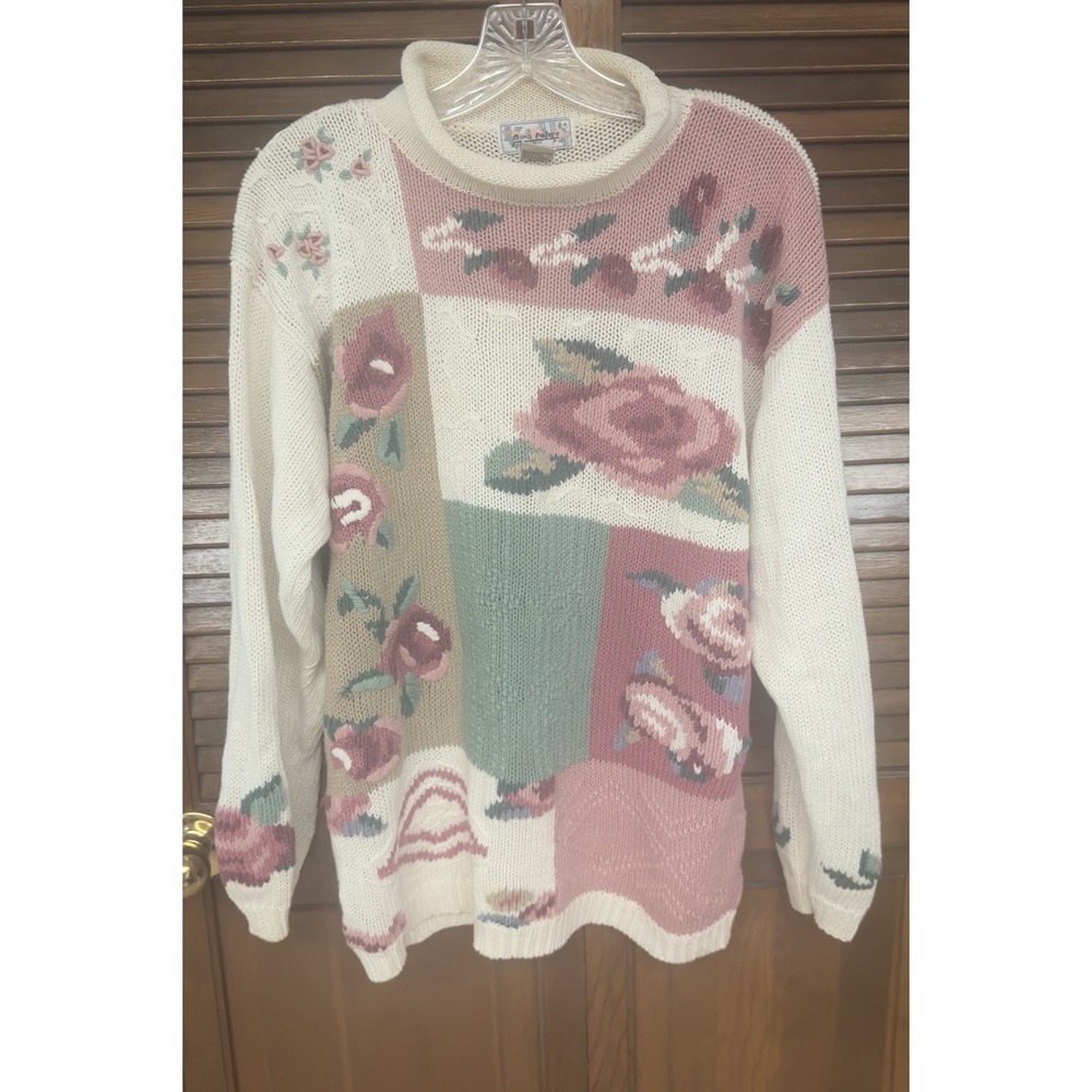 Vintage Gina Peters Floral Sweater L Rose Patchwork Ramie Cotton Cottagecore 90s
